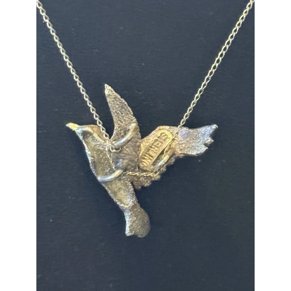 Vintage Hummingbird In Flight Necklace Pendant Marked Sterling 12k GF Chain